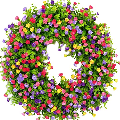 QYEW Künstlicher Blumenkranz – 38,1 cm bunter Dekokranz | künstliche Frühlings- und Sommerkränze für Haustür, Kunstblume und Eukalyptuskranz für Zuhause, Frühlingsdekoration von QYEW