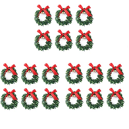 QYLJZB 18 Stück Weihnachtskerzenringe, 9,9 cm, künstliche grüne Blätter mit roter Schleife, Mini-Weihnachtskranz für Weihnachtstischdekorationen von QYLJZB