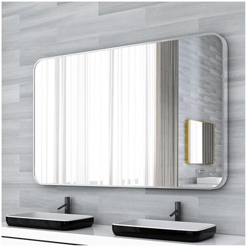 Rechteckiger Wandspiegel Mit Aluminiumrahmen, Selbstklebender Kosmetikspiegel Mit Abgerundeten Ecken For Badezimmer, Großer Dekorativer Moderner Hängespiegel For Wohnzimmer Und Eingangsbereiche(Silver von QYMLSH