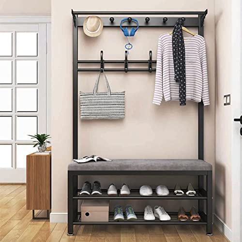 QYMYOZ Garderobenständer 3-in-1-Schuhregal Kleiderbügel Lagerregal für den Eingangsbereich Freistehender Garderobenständer, Kleiderständer mit 8 Haken Garderobenständer mit Bank und Schuhaufbewahru von QYMYOZ