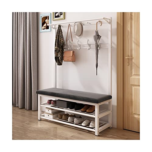 QYMYOZ Kleiderstange Kleiderständer Garderobenständer Schuhbank Eingangsbereich Aufbewahrungsbank 4-in-1-Design mit Aufhängehaken Industrielle Akzentmöbel mit Stabiler Me von QYMYOZ