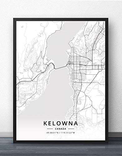 Leinwand Bilder,Kelowna Kanada Stadtplan Drucke Poster Wandmalereien Schwarz Weiß Wand Kunst Rechteck Malerei Pop Bilder Kunstwerk Für Wohnzimmer Schlafzimmer Home Decor, 40X50Cm/15.74X19.68 In von QYQMYK