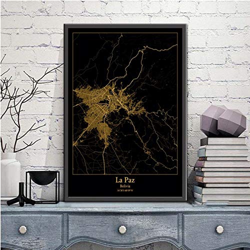 Leinwand Bilder,La Paz Bolivien Stadtplan Schwarz Gold Wandbilder Für Home Decor Poster Drucke Kunst Gemälde Rechteck Pop Wandmalereien Kunstwerk Für Zimmer Leben Schlafzimmer Dekor, 80X110Cm/31.4 von QYQMYK