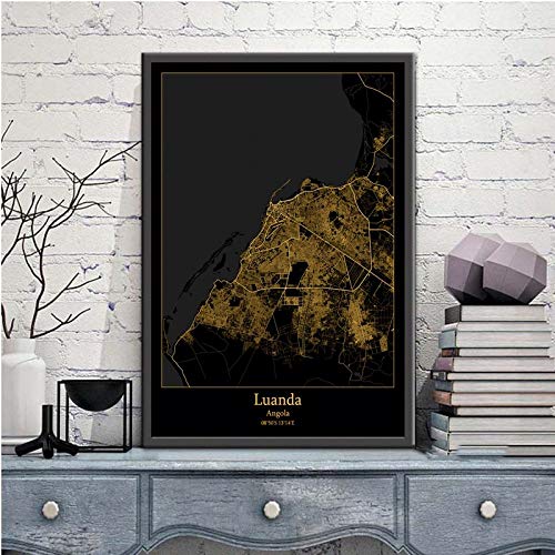 Leinwand Bilder,Luanda Angola Stadtkarte Schwarz Gold Wandbilder Für Home Decor Poster Drucke Kunst Gemälde Rechteck Pop Wandmalereien Kunstwerk Für Zimmer Leben Schlafzimmer Dekor, 50X70Cm/19.68X von QYQMYK