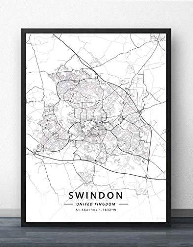 Leinwand Bilder,Swindon Vereinigtes Königreich Stadtplan Wanddrucke Wandbilder Poster Schwarz Weiß Gemälde Kunst Rechteck Bilder Pop Kunstwerk Für Zimmer Leben Home Decor, 60X80Cm/23.62X31.49 In von QYQMYK