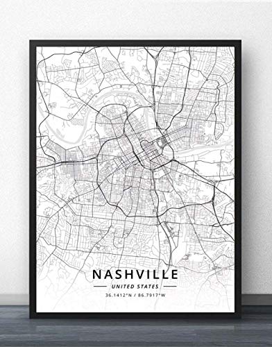 Leinwand Bilder,Vereinigte Staaten Nashville Stadtplan Wand Bilder Drucke Poster Schwarz Weiß Gemälde Kunst Rechteck Wandbilder Pop Kunstwerk Für Zimmer Leben Wohnkultur, 30X40Cm/11.81X15.74 In von QYQMYK