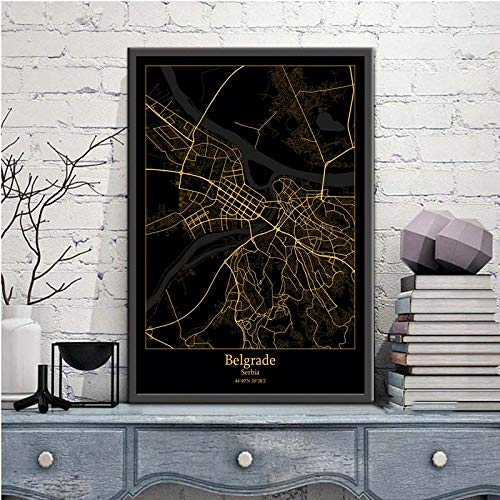 QYQMYK Drucke Leinwand,Belgrad Serbien Stadtplan Schwarzgold Wanddrucke Poster Bilder Wandbilder Gemälde Rechteck Pop Artwork Für Room Living Home Decor - Anpassbar, 30X40Cm / 11.81X15.74 In von QYQMYK