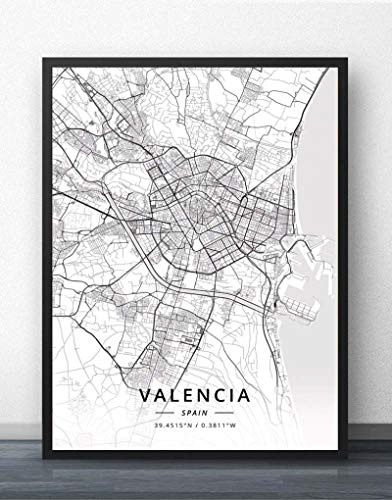 QYQMYK Drucke Leinwand,Spanien Valencia Stadtplan Schwarz Weiß Wandbilder Drucke Plakate Wandbilder Gemälde Rechteck Pop Artwork Für Wohnraum Wohnkultur, 50X70Cm / 19.68X27.55 In von QYQMYK