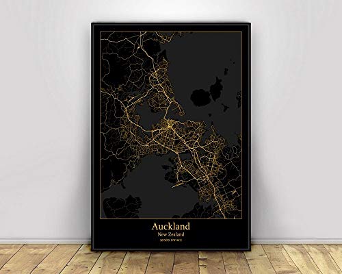 QYQMYK Leinwand Bilder,Auckland, Neuseeland Stadtkarte Groß Wohnzimmer Schwarz Gold Modern Poster Minimalistische Wohnkultur Malerei Schlafzimmer Dekor Ohne Rahmen,40X50Cm/15.74X19.68 In von QYQMYK