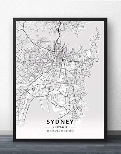 QYQMYK Leinwand Bilder,Australien Sydney Stadt Karte Wand Bilder Drucke Poster Schwarz Weiß Gemälde Kunst Rechteck Wandbilder Pop Kunstwerk Für Zimmer Leben Wohnkultur, 40X50Cm/15.74X19.68 In von QYQMYK