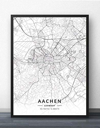 QYQMYK Leinwand Bilder,Deutschland Aachen Stadt Karte Wand Bilder Drucke Poster Schwarz Weiß Gemälde Kunst Rechteck Pop Wandmalereien Kunstwerk Für Zimmer Leben Home Decor, 40X50Cm/15.74X19.68 In von QYQMYK