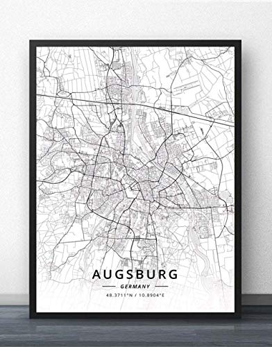 QYQMYK Leinwand Bilder,Deutschland Augsburg Stadtkarte Wandbilder Drucke Poster Schwarz Weiß Gemälde Kunst Rechteck Pop Wandmalereien Kunstwerk Für Zimmer Leben Home Decor, 40X50Cm/15.74X19.68 In von QYQMYK