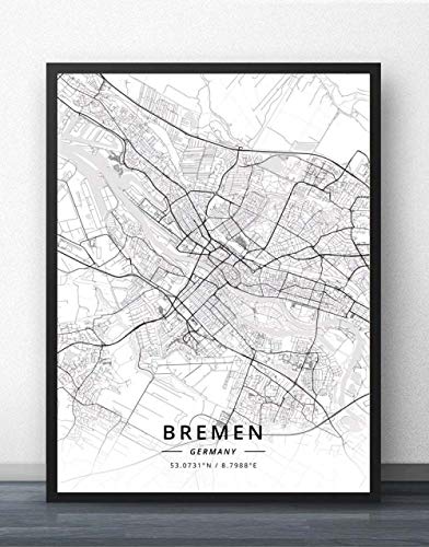 QYQMYK Leinwand Bilder,Deutschland Bremen Stadtplan Wand Bilder Drucke Poster Schwarz Weiß Gemälde Kunst Rechteck Pop Wandmalereien Kunstwerk Für Zimmer Leben Home Decor, 20X30Cm/7.87X11.81 In von QYQMYK