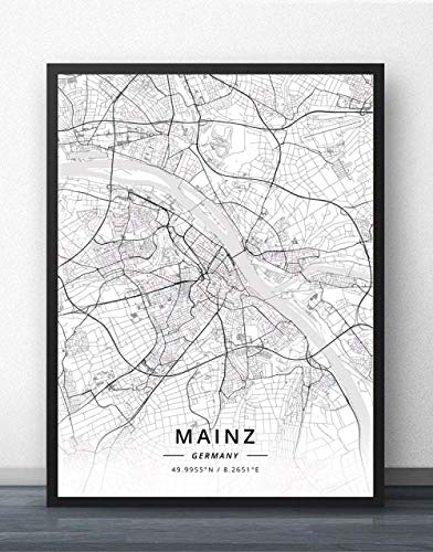 QYQMYK Leinwand Bilder,Deutschland Mainz Stadtkarte Wand Bilder Drucke Poster Schwarz Weiß Gemälde Kunst Rechteck Pop Wandmalereien Kunstwerk Für Zimmer Leben Home Decor, 30X40Cm/11.81X15.74 In von QYQMYK