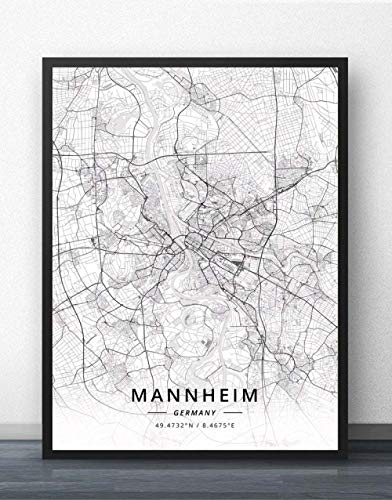 QYQMYK Leinwand Bilder,Deutschland Mannheim Stadt Karte Wand Bilder Drucke Poster Schwarz Weiß Gemälde Kunst Rechteck Pop Wandmalereien Kunstwerk Für Zimmer Leben Home Decor, 40X50Cm/15.74X19.68 In von QYQMYK