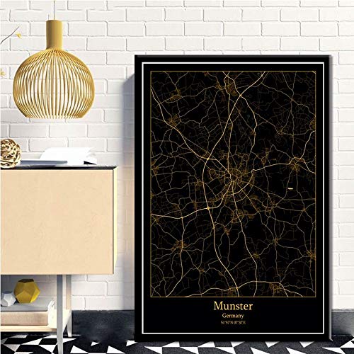 QYQMYK Leinwand Bilder,Münster Deutschland Stadtkarte Groß Wohnzimmer Schwarz Gold Modern Poster Minimalistische Wohnkultur Malerei Schlafzimmer Dekor Ohne Rahmen,60X80Cm/23.62X31.49 In von QYQMYK