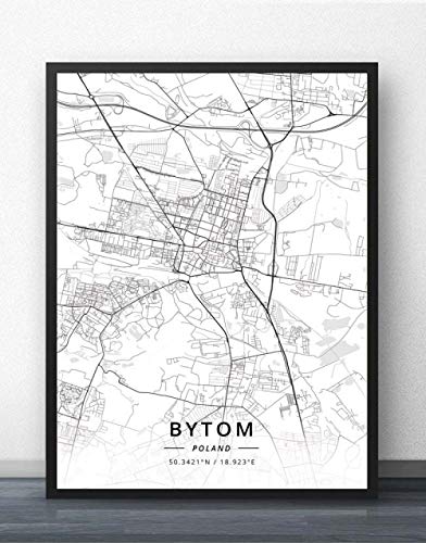 QYQMYK Leinwand Bilder,Polen Bytom Stadtplan Wand Bilder Poster Schwarz Weiß Drucke Kunstgemälde Rechteck Pop Wandmalereien Kunstwerk Für Zimmer Leben Home Decor, 50X70Cm/19.68X27.55 In von QYQMYK