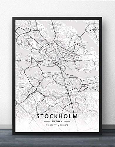 QYQMYK Leinwand Bilder,Stockholm Schweden Stadt Karte Wanddrucke Wandbilder Poster Schwarz Weiß Gemälde Kunst Rechteck Bilder Pop Kunstwerk Für Zimmer Leben Wohnkultur, 40X50Cm/15.74X19.68 In von QYQMYK