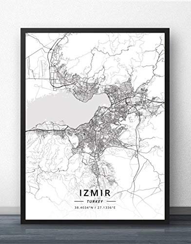 QYQMYK Leinwand Bilder,Türkei Izmir Stadt Karte Wand Bilder Drucke Poster Schwarz Weiß Gemälde Kunst Rechteck Wandbilder Pop Artwork Für Zimmer Leben Home Decor, 60X80Cm/23.62X31.49 In von QYQMYK