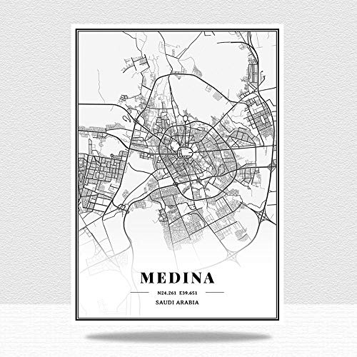 QYQMYK Saudi-Arabien Medina Stadtkarte Leinwand Bilder,Groß Wohnzimmer Schwarz Weiss Modern Poster Minimalistische Wohnkultur Malerei Schlafzimmer Dekor Ohne Rahmen,30X40Cm/11.81X15.74 In von QYQMYK