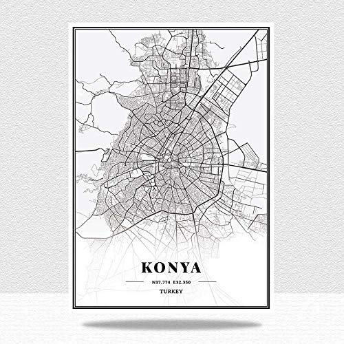 QYQMYK Türkei Konya Stadtkarte Leinwand Bilder,Groß Wohnzimmer Schwarz Weiss Modern Poster Minimalistische Wohnkultur Malerei Schlafzimmer Dekor Ohne Rahmen,60X80Cm/23.62X31.49 In von QYQMYK