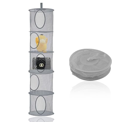 QYRDBGY Hängeaufbewahrung, 5 Stufen Hängende Netz Aufbewahrungstasche Faltbare Hängeorganizer Mesh Hängender Speicherkorb Kuscheltiere Hängeregal Netz für Spielzeug (Grau) von QYRDBGY