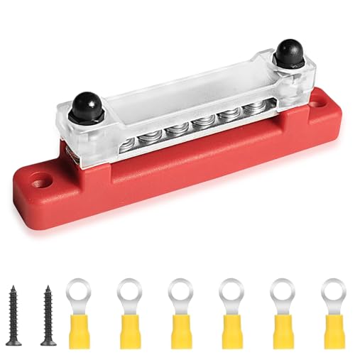Sammelschiene 12 V - 48 V DC, Stromverteiler 12V mit 2 M6 Bolzen 150A Stromschienen Verteilerblock Stromschiene mit 6 M4 Klemmenbolzen Busbar für Auto Boat Yacht (Rot) von QYRDBGY