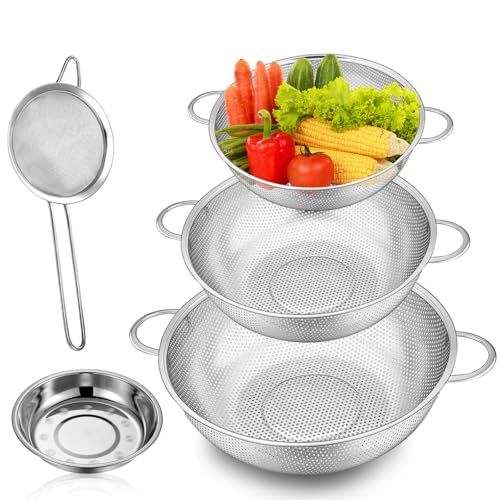 5er-Set Küchensieb Edelstahl, Nudelsieb Edelstahl Sieb mit 2 Griffe Nudelsieb Griff Mikroperforiertes Abtropfsieb Seiher für Küche Nudel Gemüse Obst Reis (19/22/25cm) von QYRDBGY