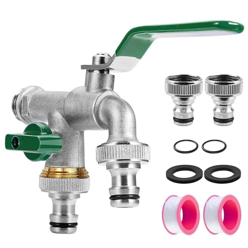 Wasserhahn Garten 1/2 Zoll, Doppel Auslaufhahn mit 2 Schlauchanschlüsse und 2 Trommeldichtband Garten Wasserhahn Kugelauslaufhahn Frostsicher -20℃ für Garten Haushal (Grün) von QYRDBGY