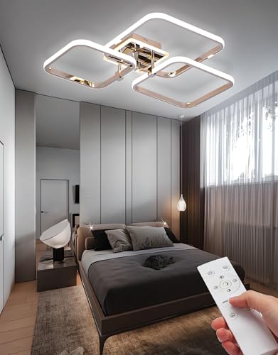 Moderne LED-Deckenleuchte Dimmbar mit Fernbedienung Deckenlampen für Wohnzimmer 4 Quadrate Kronleuchter Deckenbeleuchtung Flush Mount Deckenleuchten für Esszimmer Schlafzimmer (Chromfarbe, 3 Rahmen) von QYSMGS