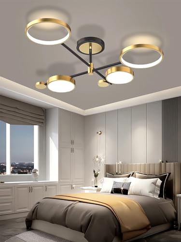 Moderne LED-Deckenleuchte Dimmbare Deckenlüster Semi-Flush Mount Decken Licht mit Fernbedienung Kronleuchter Gold Kronleuchter Schwarz für Wohnzimmer Schlafzimmer Esszimmer Büros (Gold, 4 Köpfe) von QYSMGS