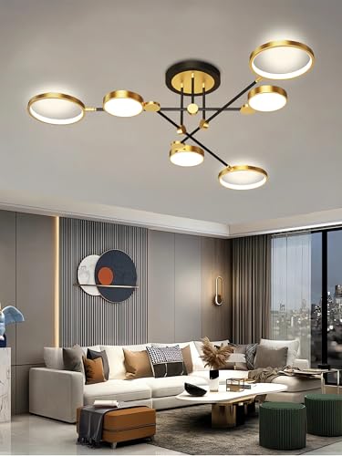 Moderne LED-Deckenleuchte Dimmbare Deckenlüster Semi-Flush Mount Decken Licht mit Fernbedienung Kronleuchter Gold Kronleuchter Schwarz für Wohnzimmer Schlafzimmer Esszimmer Büros (Gold, 6Köpfe B) von QYSMGS