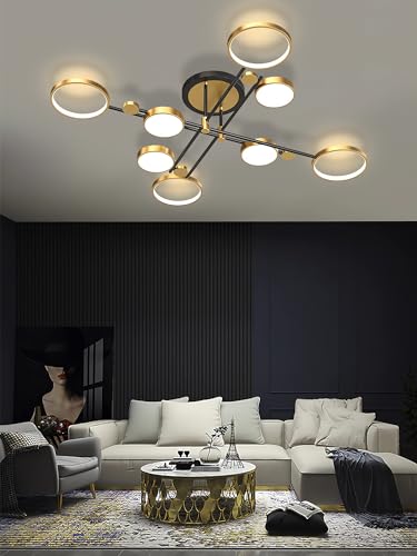 Moderne LED-Deckenleuchte Dimmbare Deckenlüster Semi-Flush Mount Decken Licht mit Fernbedienung Kronleuchter Gold Kronleuchter Schwarz für Wohnzimmer Schlafzimmer Esszimmer Büros (Gold, 8 Köpfe) von QYSMGS