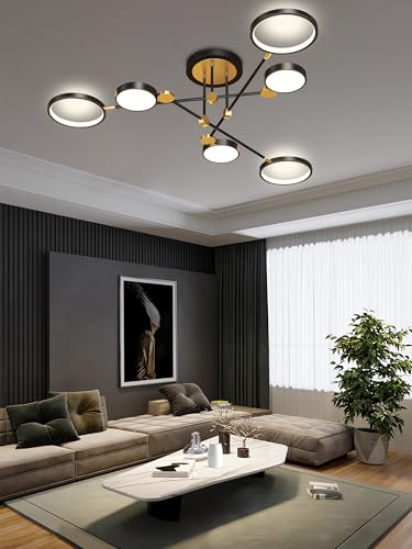 Moderne LED-Deckenleuchte Dimmbare Deckenlüster Semi-Flush Mount Decken Licht mit Fernbedienung Kronleuchter Gold Kronleuchter Schwarz für Wohnzimmer Schlafzimmer Esszimmer Büros (Schwarz, 6Köpfe B) von QYSMGS