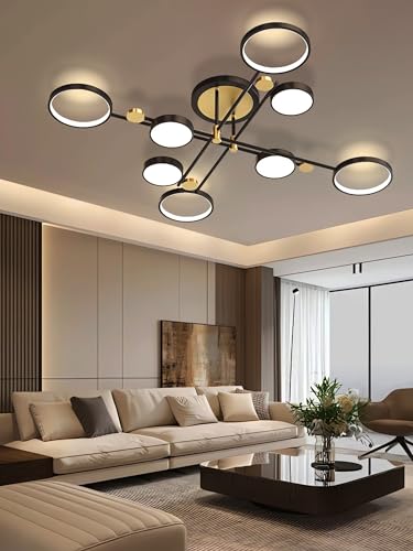 Moderne LED-Deckenleuchte Dimmbare Deckenlüster Semi-Flush Mount Decken Licht mit Fernbedienung Kronleuchter Gold Kronleuchter Schwarz für Wohnzimmer Schlafzimmer Esszimmer Büros (Schwarz, 8 Köpfe) von QYSMGS