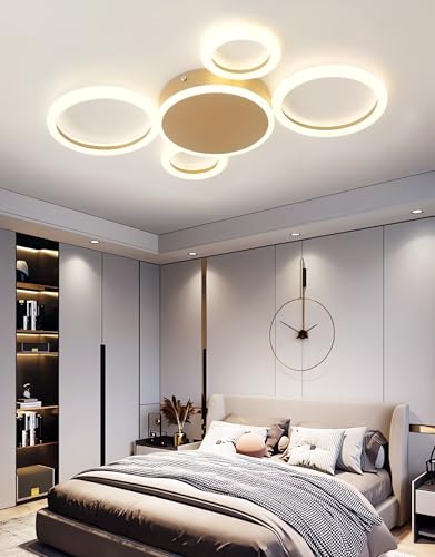 Moderne LED-Deckenleuchte dimmbare Deckenlampen mit Fernbedienung rundes Ring design Deckenleuchte aus Acryl bündige Montage Deckenbeleuchtung für Wohnzimmer Schlafzimmer Esszimmer Küche (Gold,5Ringe) Moderne LED-Deckenleuchte dimmbare Deckenlampen mit Fernbedienung rundes Ring design Deckenleuchte aus Acryl bündige Montage Deckenbeleuchtung für Wohnzimmer Schlafzimmer Esszimmer Küche (Gold,5Ringe) von QYSMGS
