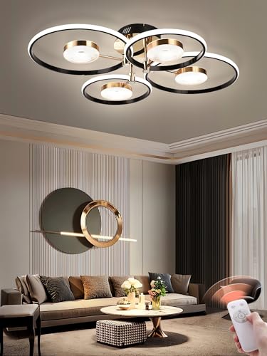 QYSMGS LED-Deckenleuchte schwarz Moderne Runde Ring Design Deckenlampen Dimmbar mit Fernbedienung Wohnzimmer Deckenbeleuchtung Kreativer Acryl-Kronleuchter für Schlafzimmer und Esszimmer (4+4 Köpfe) von QYSMGS
