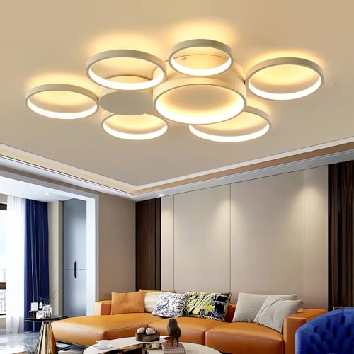 QYSMGS Moderne LED-Deckenleuchte 81cm Rund Acryl Dimmbar 7-Ring Flush Mount Deckenbeleuchtung mit Fernbedienung Einstellbare Farbtemperatur 3000K-6000K für Wohnzimmer Schlafzimmer Esszimmer (Weiß) von QYSMGS
