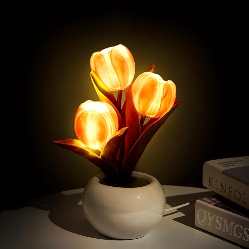 QYSMGS Tulpenlampe Geschenke für Frauen Schreibtischlampe Bonsai-Tischlampen Künstliche Blumendekorationen für Geburtstage, Partys, Hochzeiten, Muttertag Schlafzimmerdekorationen (Orange) von QYSMGS
