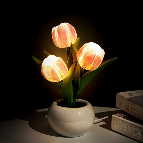 QYSMGS Tulpenlampe Geschenke für Frauen Schreibtischlampe Bonsai-Tischlampen Künstliche Blumendekorationen für Geburtstage, Partys, Hochzeiten, Muttertag Schlafzimmerdekorationen (Rosa) von QYSMGS