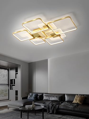 Wohnzimmer LED-Deckenleuchte Moderne Kreativität Square Frame Deckenleuchte Dimmbare Deckenleuchten mit Fernbedienung Flush Mount Deckenbeleuchtung für Küche Schlafzimmer Esszimmer (Gold, 5 Köpfe) von QYSMGS