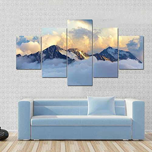 QYYAMDEQ Leinwandbilder Wohnzimmer 5 Pieces Gipfel mit Schnee und Wolken bedeckt Kunstdruck auf leinwand Bilder Deko Kunstdrucke 5 Teilig Moderne Wanddeko(Kein Rahmen) von QYYAMDEQ