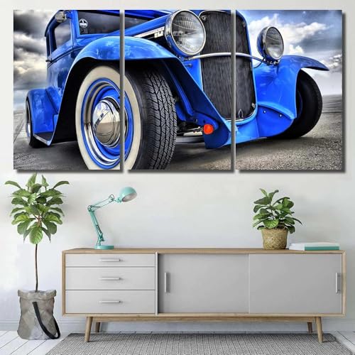 QYYAMDEQ Wandbilder Mit Rahmen 3 Teiliges Blauer Hot Rod Oldtimer Leinwandbilder 3 Platten Poster Wandbild Kunstdrucke Büro Küche Schlafzimmer Flur Wohnungsdeko von QYYAMDEQ