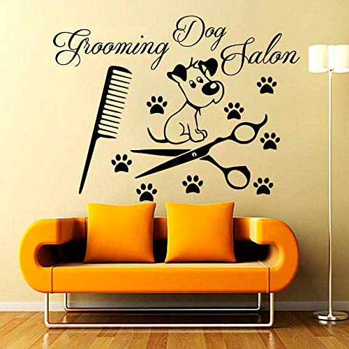 Wandaufkleber, Hundesalon Wandtattoo Vinyl Abnehmbare Pfotenabdruck Kammschere Und Niedlicher Hund Wandaufkleber Wohnzimmer 80X58Cm von QYZNBMJ