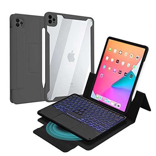 QYiiD Mit Touchpad Tastatur für iPad Pro 12.9 2021 5. Generation/iPad Pro 12.9 2020/2018, transparente Acrylinnenseite und magnetische Fronttasche mit QWERTY Hintergrundbeleuchtung Tastatur, Schwarz von QYiiD