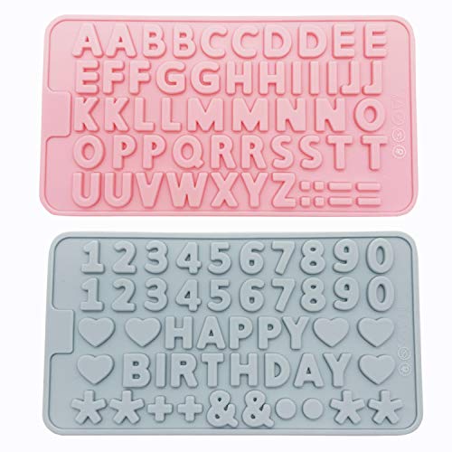 QZDADA 2 Stück Silikonform Buchstaben Zahlen Backform Happy Birthday Symbole Alphabet Schokolade Kuchen Pan Bonbons Keks Dekoration Tablett von QZDADA