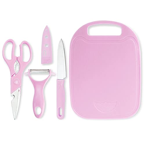 QZDAFFIC Schneidebrett Kunststoff Set, Sparschäler Küchenschere Kleines Küchenmesser mit Deckel für Küche Campingreisen Verwenden (Rosa) von QZDAFFIC