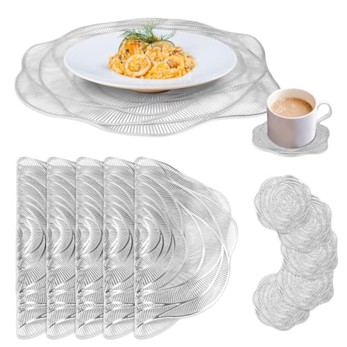 QZDAFFIC Platzdeckchen Abwaschbar und Untersetzer 6er Set, Moderne Tischsets Groß für den Tisch, 38×38cm Tischsets für den Innenbereich, Tischsets für den Außenbereich für Gartentische (Silber) von QZDAFFIC