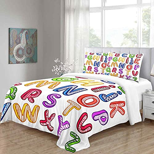 QZDUCN 3D Bettbezug Set 135x200cm Bunte Englische Buchstaben Mikrofaser Bettwäsche Set 3 Stück - Mit Reißverschluss Und 2 Kissenbezug Bettbezug Für Junge Mädchen Kinder Super Weiche Bettwäschesatz von QZDUCN