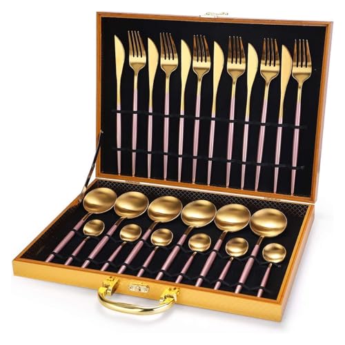 24-teiliges Besteckset aus 304 Edelstahl mit rundem Griff und goldener Geschenkbox – elegantes Besteckset for das Essen zu Hause(Pink Gold) von QZLNONTK